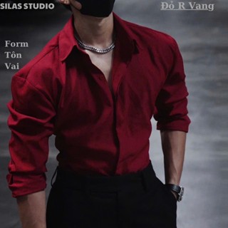 (Form Tôn Vai) Áo Sơmi SILAS Trơn Đỏ RVang Cotton Chéo Nam Giấu Cúc Cổ Bẻ Thoáng Mát