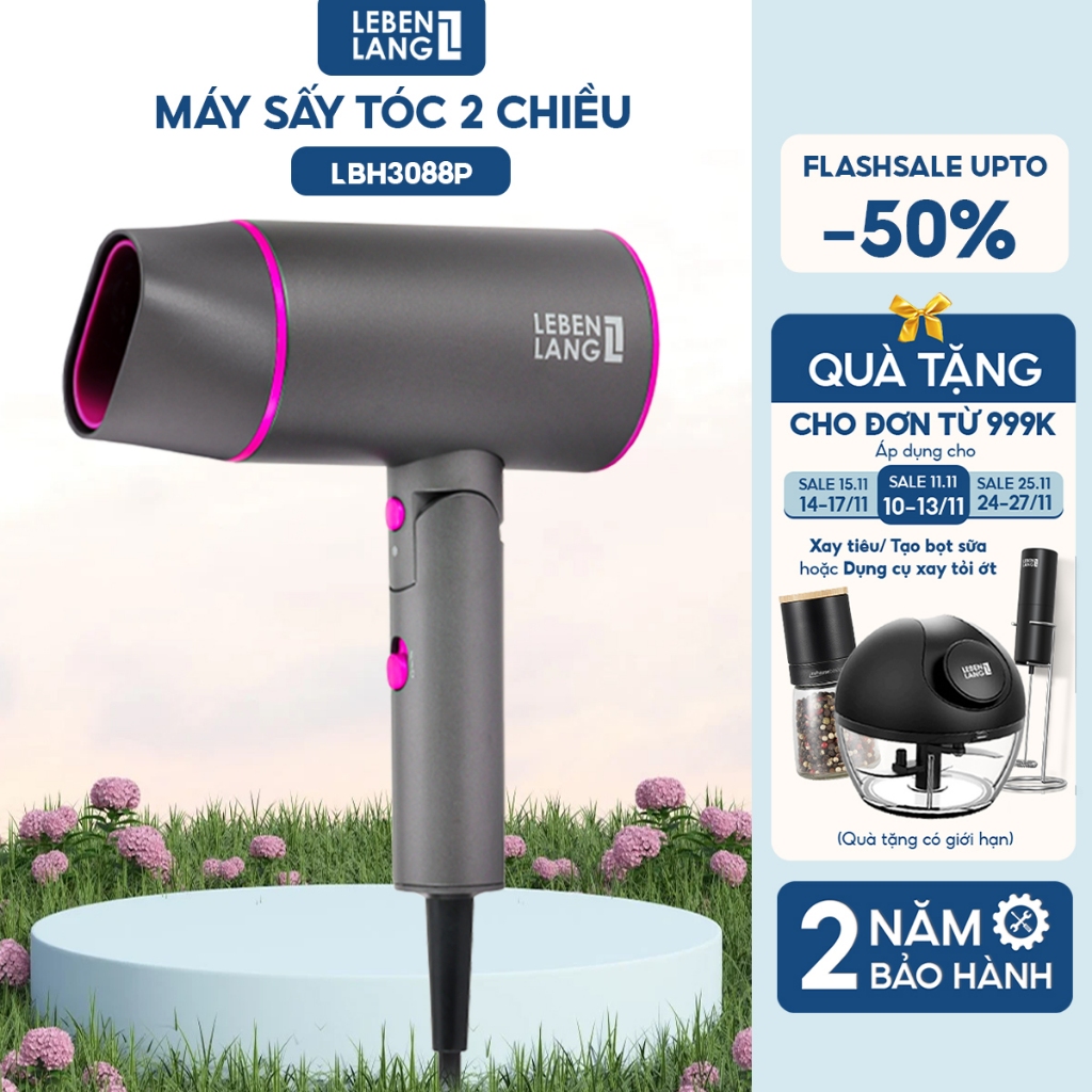 [Quà tặng] Máy sấy tóc Lebenlang LBH3088, 2100W, nóng lạnh, gấp gọn tiện lợi, chống xơ rối bằng công nghệ ion.