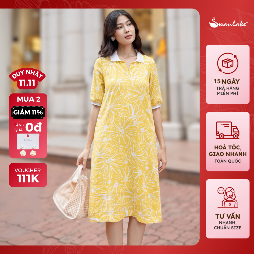 SWANLAKE | Váy Đầm Suông Cổ Sơ Mi Thun Cài Nút Tay Ngắn Vải Linen In Họa Tiết Hoa Công Sở - D11227