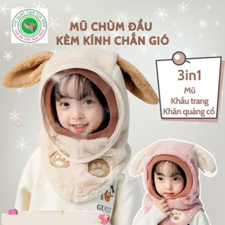 Mũ len trùm đầu có kính bảo vệ, chắn gió, chắn bụi, mũ len lông cừu tai thỏ từ 3-12 tuổi, phong cách Hàn Quốc xinh xắn