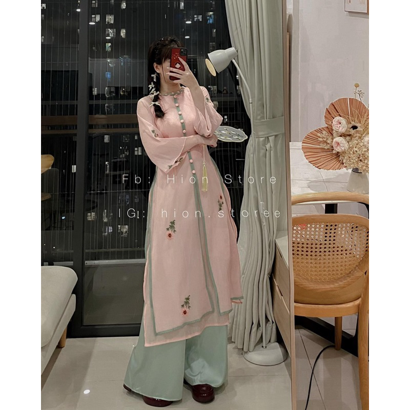 Hion Store - Set áo dài Hồng thêu hoa xẻ tà+ quần suông xanh