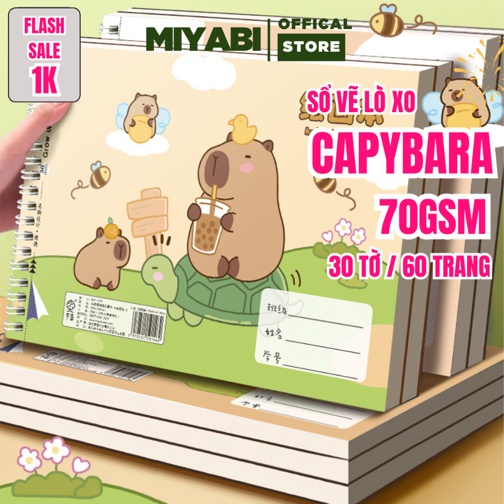 Sổ vẽ màu nước a4 lò xo CAPYBARA  28 tờ / 56 trang - sổ vẽ màu nước sketch book cho bé học tập