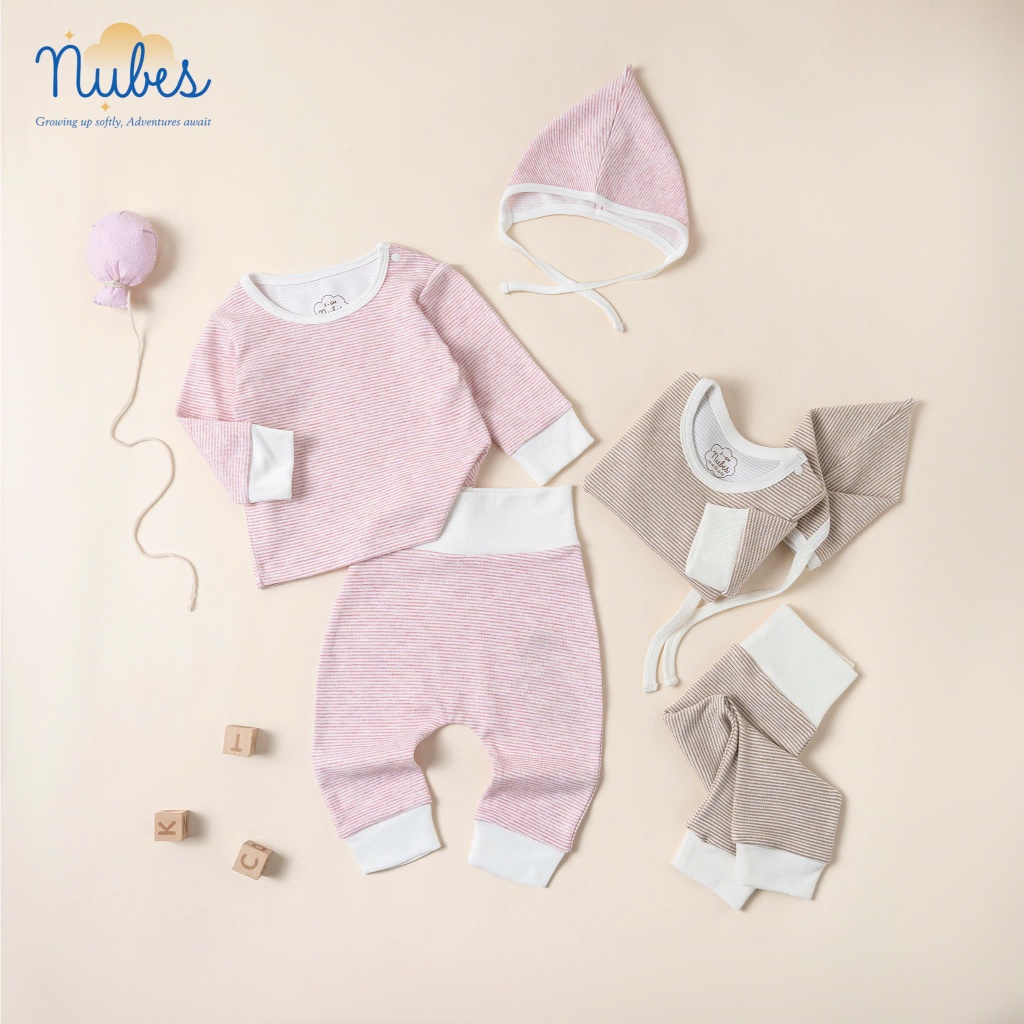 Nubes Bộ Sơ Sinh Vải Nỉ Kẻ Hàn Quốc Kèm Mũ Đáng Yêu Cho Bé