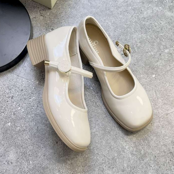 Giày búp bê cao gót nữ bản store da bóng M889-3 khuy vuông cao cấp - Giày mary jane nữ bản hộp phom xinh