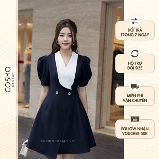 Váy đầm nữ thiết kế dáng xoè tweet xanh tím than phối cổ trắng 11115