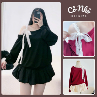 Áo Sweater Bigsize Nữ (KHÔNG KÈM VÁY) Kiểu Trễ Vai Tay Dài Phối Nơ Ren Một Bên Vải Thun Ruby Cao Cấp G176