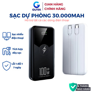 Sạc dự phòng 30000mah Gutek GT229 sạc nhanh 100w pin dung lượng lớn tích hợp dây sạc cho điện thoại