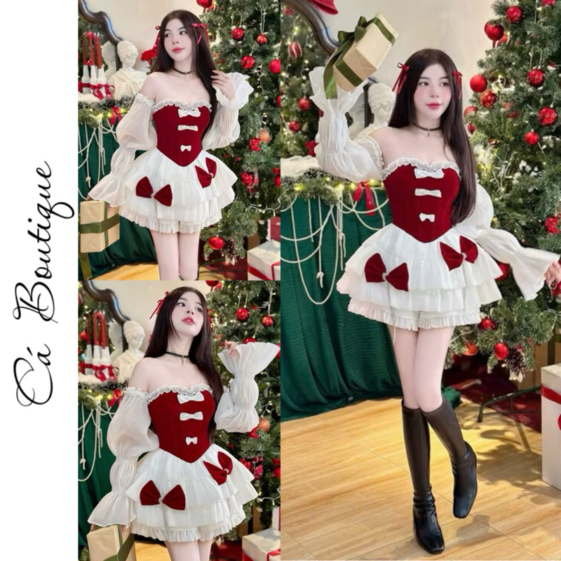 Đầm bí phồng xoè tầng cúp phối nhung đỏ trễ vai tay phồng đính nơ dây đá - Cá Boutique