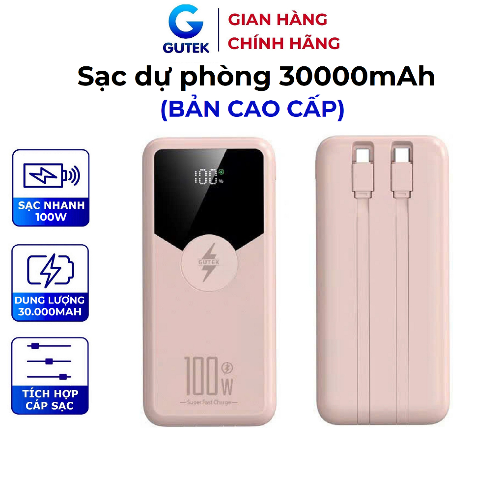 Sạc dự phòng 30000mAh 20000mAh Gutek GT229 sạc nhanh 100W pin dung lượng lớn tích hợp dây cáp cho điện thoại