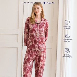 Bộ Pyjamas Nữ Mặc Nhà Quần Dài Áo Dài Chất Liệu Lụa In Hoa Tiết Paris Đỏ Burgundy LILAS BLANC