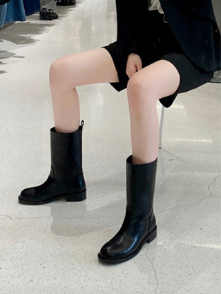 JULYBOOT Giày bốt boost boot nữ cổ cao mũi tròn da trơn ống rộng Chất Da Mềm dáng cao bồi cá tính pipe4