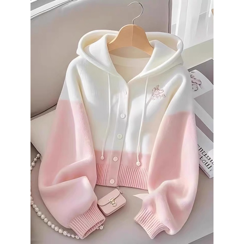 (HÀNG ORDER) Áo khoác có mũ đầu thu 2024 phối màu trắng hồng ngọt ngào phong cách trẻ trung năng động