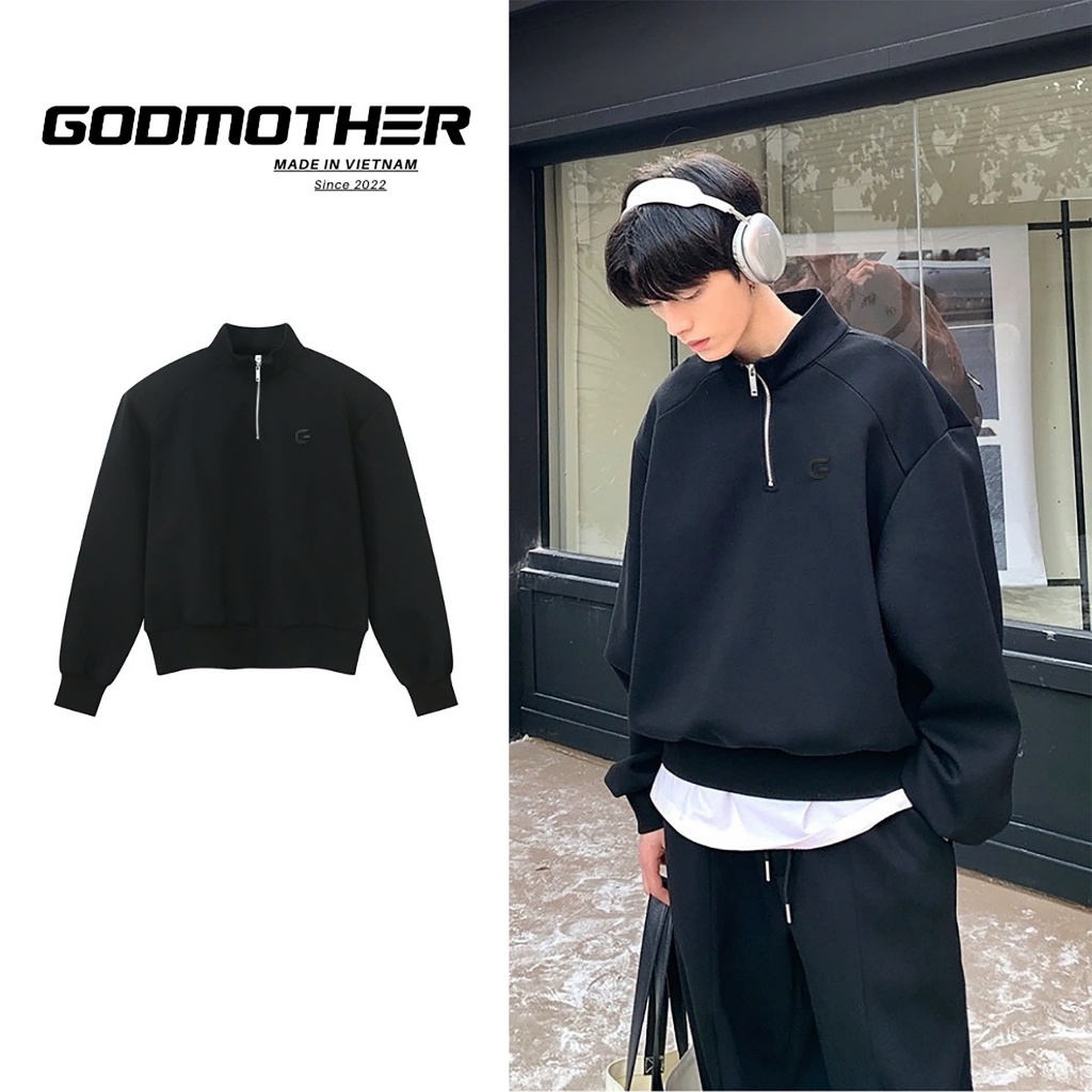 Áo Sweater Cổ Lọ GODMOTHER Vải Nỉ 2 Da Có Khoá Cổ Form Rộng Unisex Phong Cách Hàn Quốc Năng Động