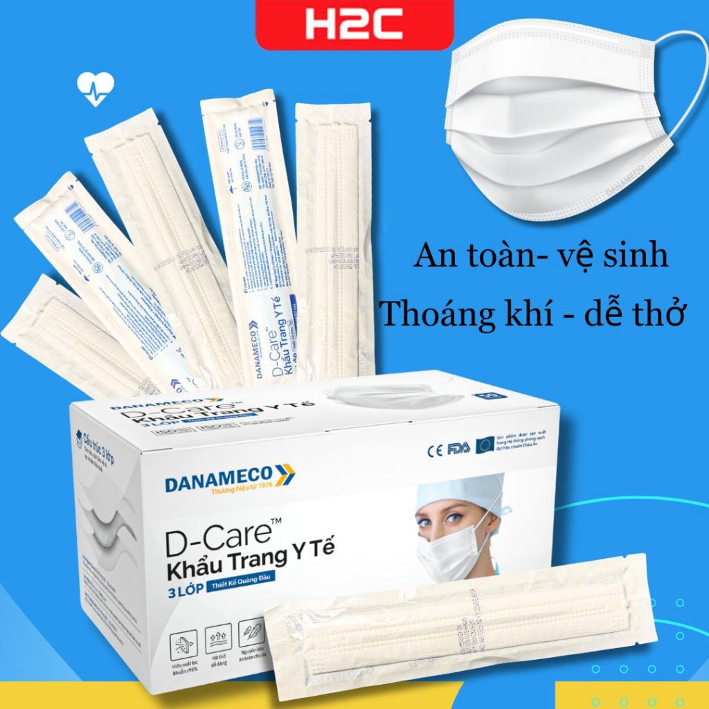 Khẩu Trang Y Tế Danameco Tiệt Trùng Từng Chiếc 3 Lớp Kháng Khuẩn Màu Trắng H2C