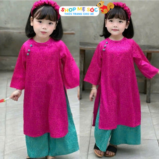  Set Áo Dài Tết Hồng Cánh Sen Vải Gấm Ngọc Trai Tặng Kèm Bờm Tóc Cho Bé Gái Từ 8-34kg Xinh Yêu 