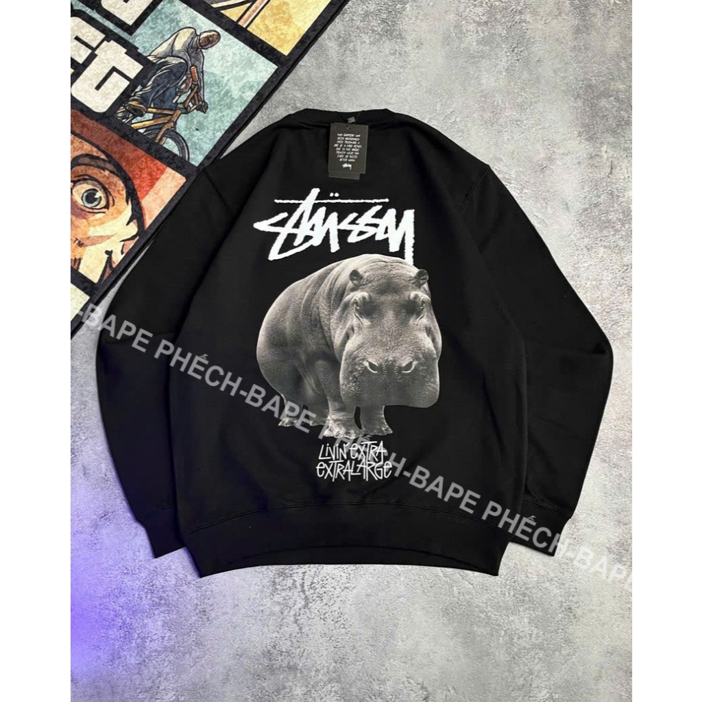 ÁO SWEATER STUSSY HIPPO FORM RỘNG NAM NỮ UNISEX VẢI NỈ BÔNG CAO CẤP DÀY DẶN - BAPE PHẾCH
