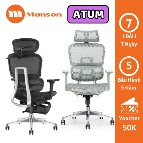 [Hỏa Tốc] Ghế Manson Atum Tựa Đầu 6D Màu Đen / Xám - Ghế Xoay Công Thái Học, Lưng Hợp Kim Nhôm
