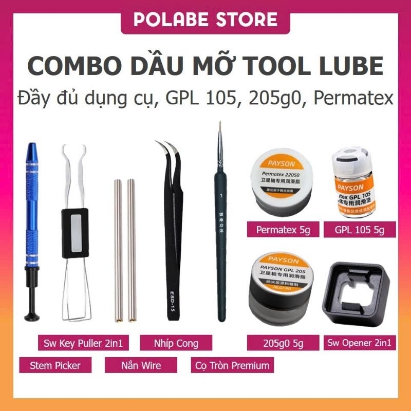 Combo all in 1 dụng cụ lube switch lube stab bàn phím cơ Krytox 205g0 GPL 105 Permatex Payson switch