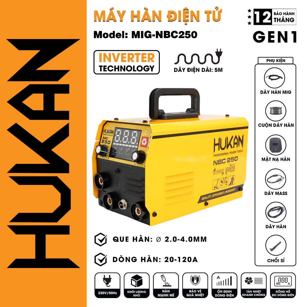 Máy Hàn Điện Tử  HUKAN 3 Chức Năng Que - Mig - Tig bảo hành 12 tháng MIG-NBC250