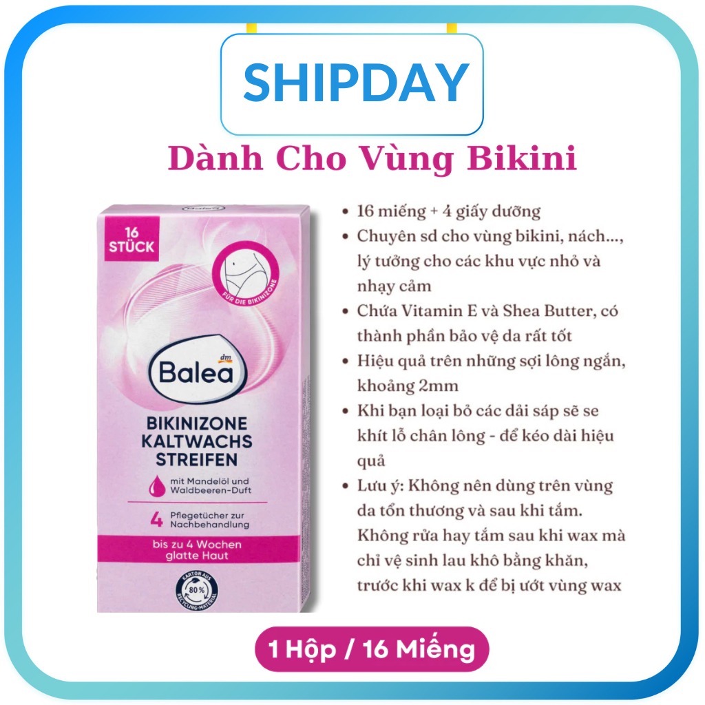 Miếng dán wax lông vùng bikini Balea 16 miếng