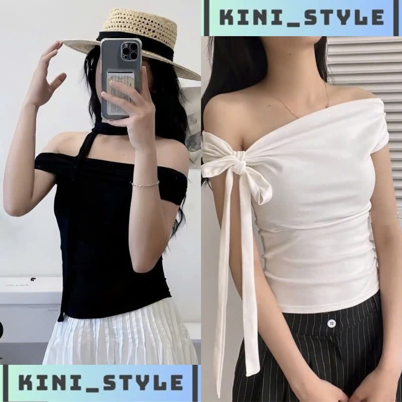 Áo kiểu nữ - áo trễ vai tay ngắn kèm dây nơ chất liệu thun tăm nhuyễn co giẵn kini-style ATV-01. | BigBuy360 - bigbuy360.vn