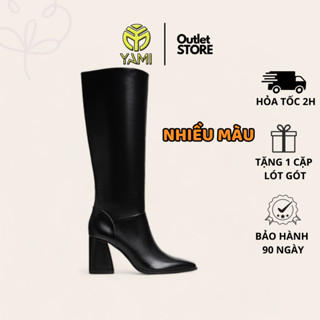 Bốt Ống Nữ, Boot Nữ Cổ Cao Đến Gối Mũi Nhọn Gót Vuông 9cm Da Pu Bóng Màu Trắng Đen Có Big Size, Bốt Xuất Xịn YAMI