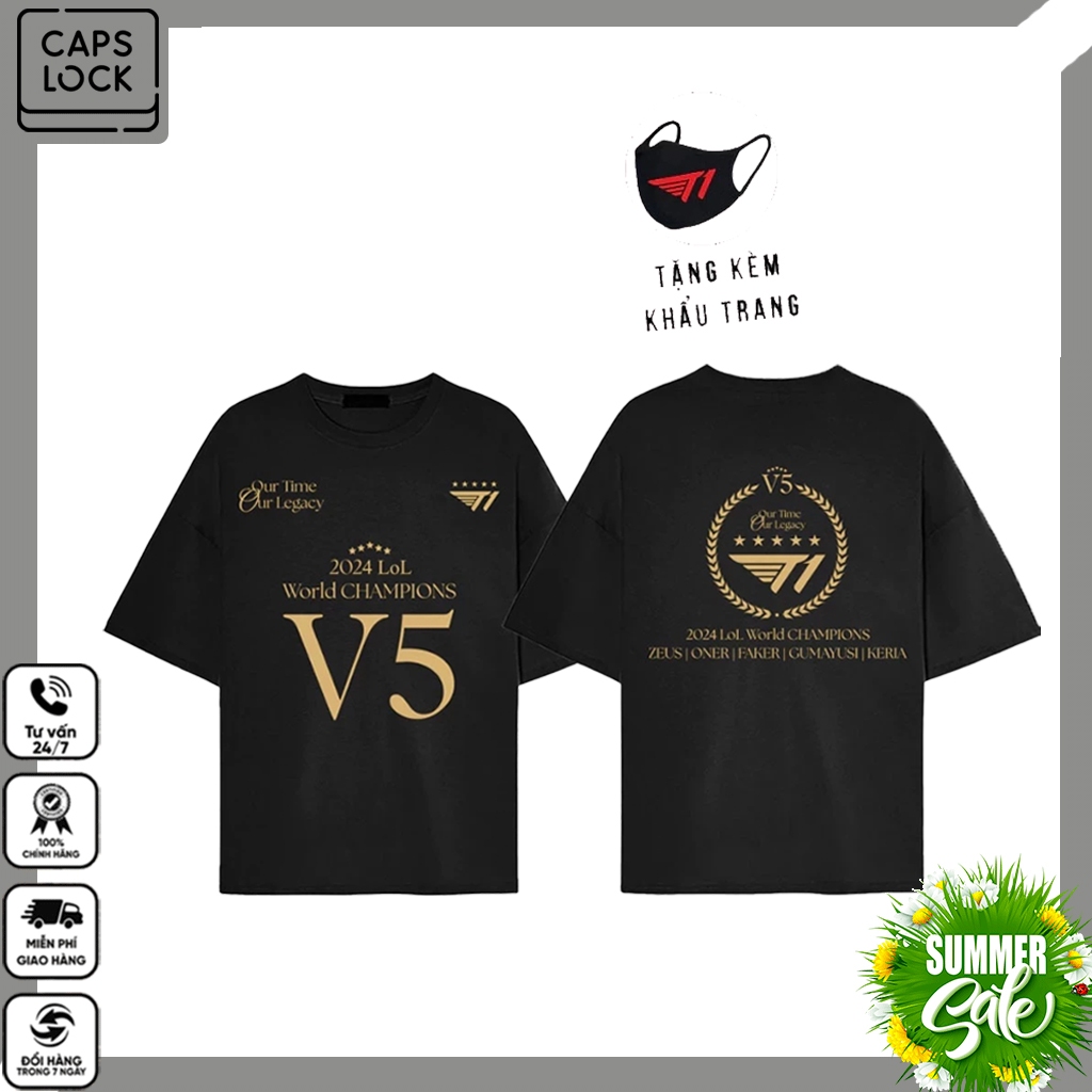 Áo thun Cotton T1 vô địch CKTG 2024, 2023 (không kèm khẩu trang)