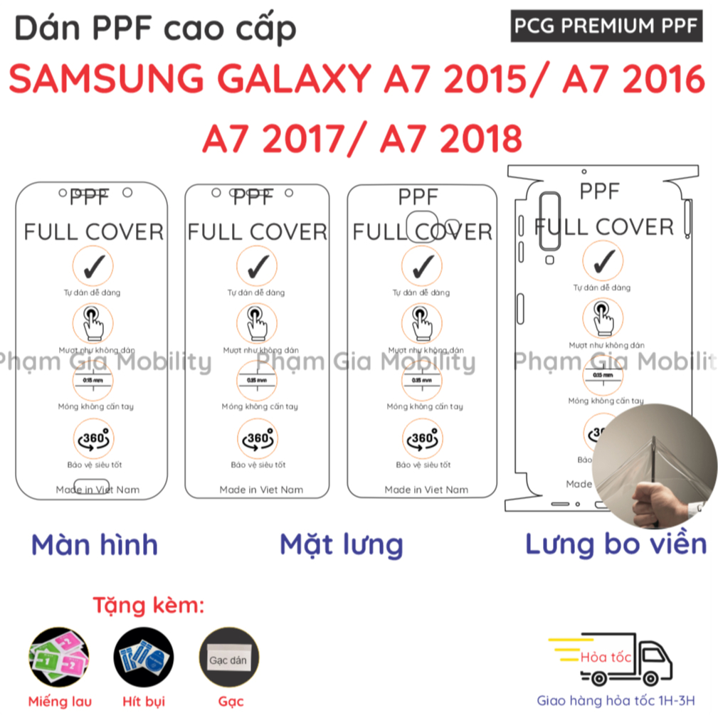 Dán PPF Samsung A7 2015/ A7 2016/ A7 2017/ A7 2018 cho màn hình, mặt lưng, lưng bo viền loại trong, 