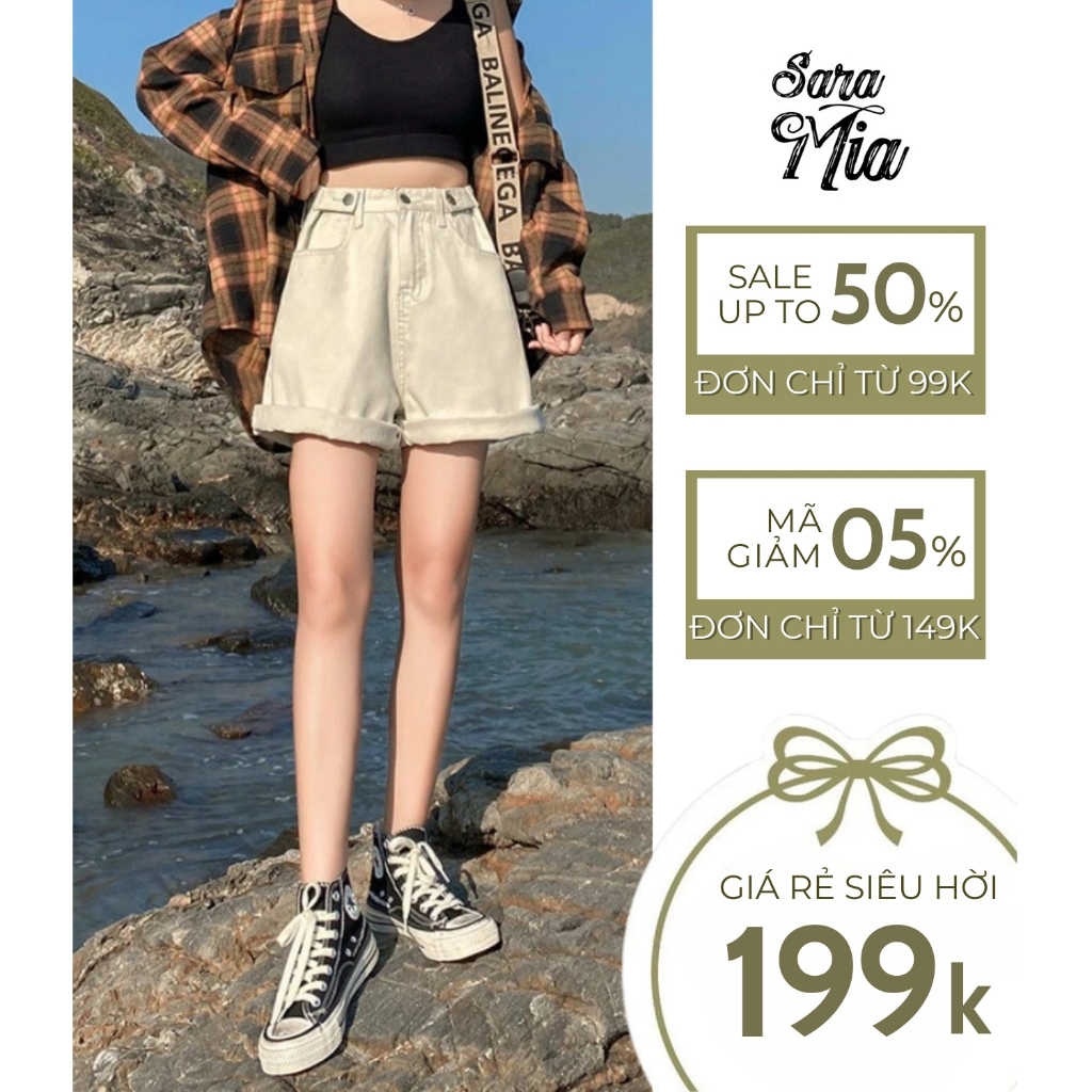 Quần đùi short jean nữ Saramia sooc bò ngắn ống rộng lưng cao xắn gấu eo 6 cúc điều chỉnh S1