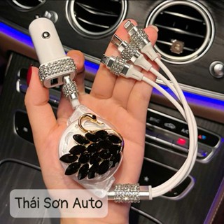 Tẩu Dây Cáp Sạc Đính Đá 3 Trong 1 Đa Năng USB, Type-C, Lining Đính Đá Cao Cấp Cho Mọi Điện Thoại Di Động Trên Ô Tô