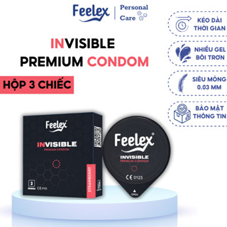 Bao cao su Feelex Invisible siêu mỏng, nhiều gel bôi trơn, hương dâu, nhỏ gọn - hộp 03 bao
