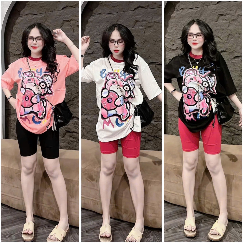 SET BỘ LỬNG NỮ THUN TĂM IN GẤU TAI HỒNG PHỐI QUẦN LEGGING NGỐ BIGSZIE 3 MÀU