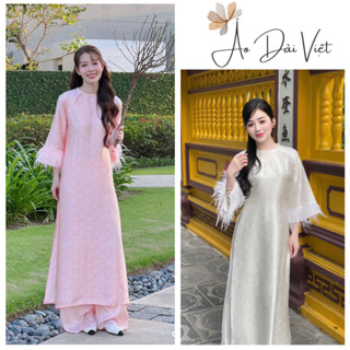 Áo Dài Gấm Dáng Xuông tay Loe Đính viền Lông Vũ cực sang, áo dài gấm dáng xuông