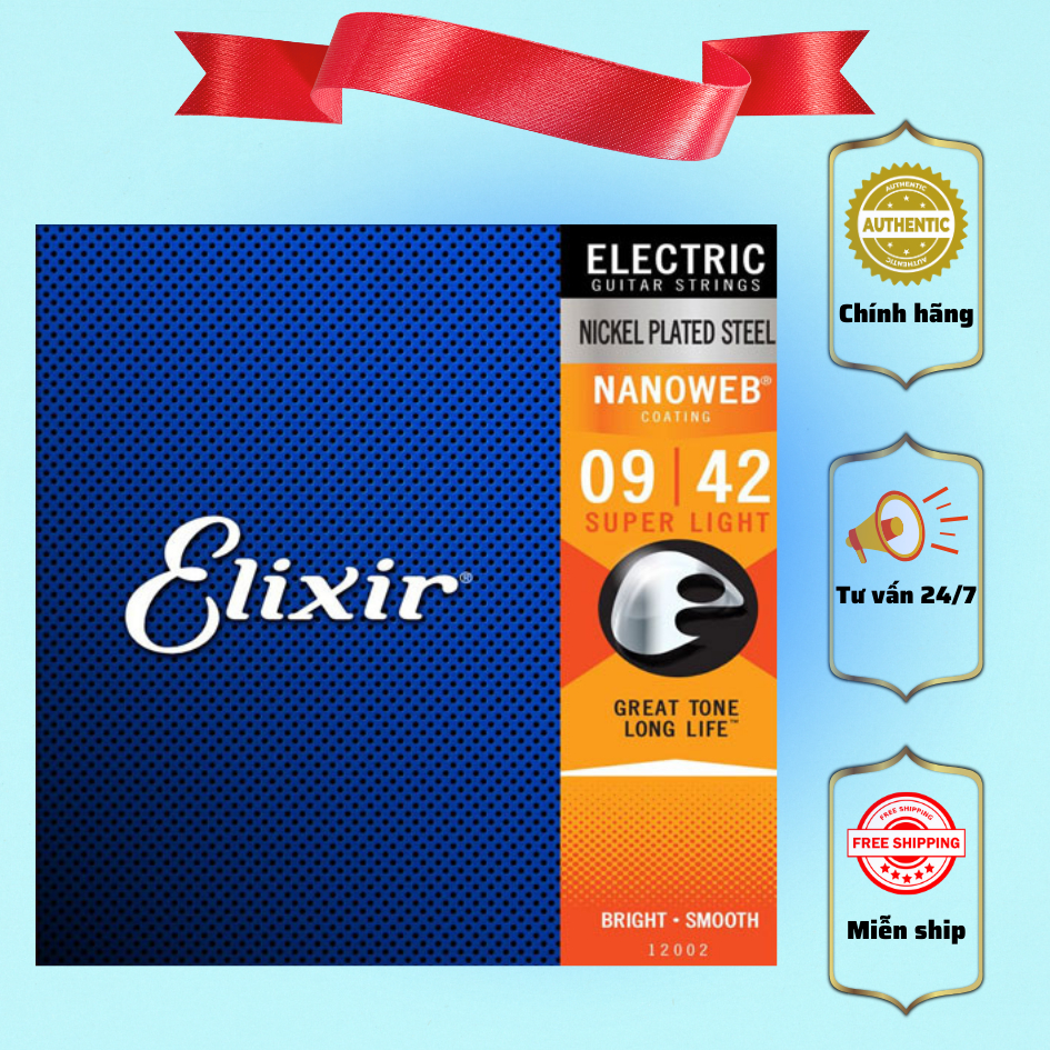 Dây đàn Guitar điện Elixir 12002 Nanoweb Electric Guitar Strings, Super Light, 9-42