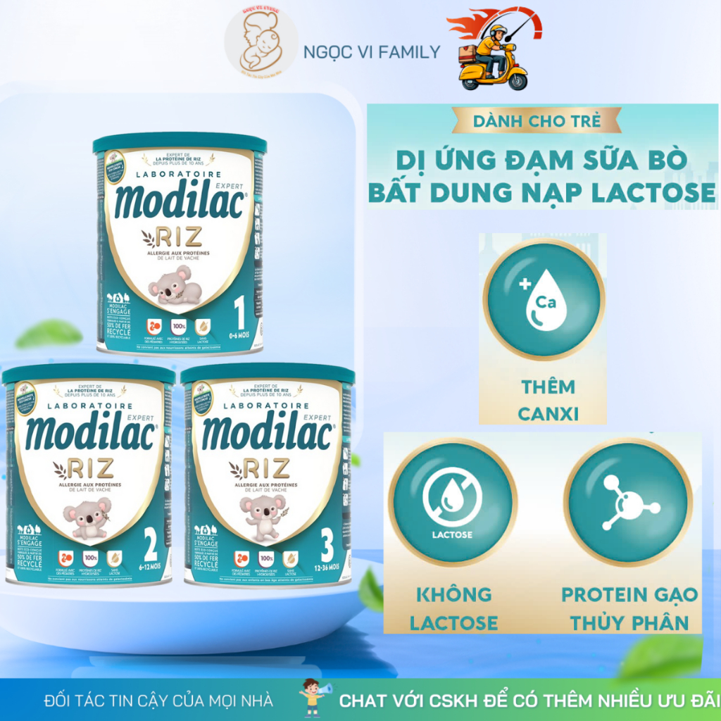 Sữa Modilac Riz 800g Số 1,2,3 cho bé dị ứng đạm bò và bất nạp đường lactose, phát triển chiều cao, t