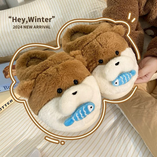   Chọn tăng 1 size  Mi Thuy Store Dép bông dép lông dép nam nữ đi ngoài trời dễ thương hình gấu ngậm cá GẤU NGẬM CÁ 