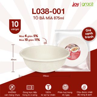 10 tô/bát bã mía Gracz 875ml đựng bún, miến, cháo, phở, hàng Thái nhập khẩu 100% tự nhiên L038001