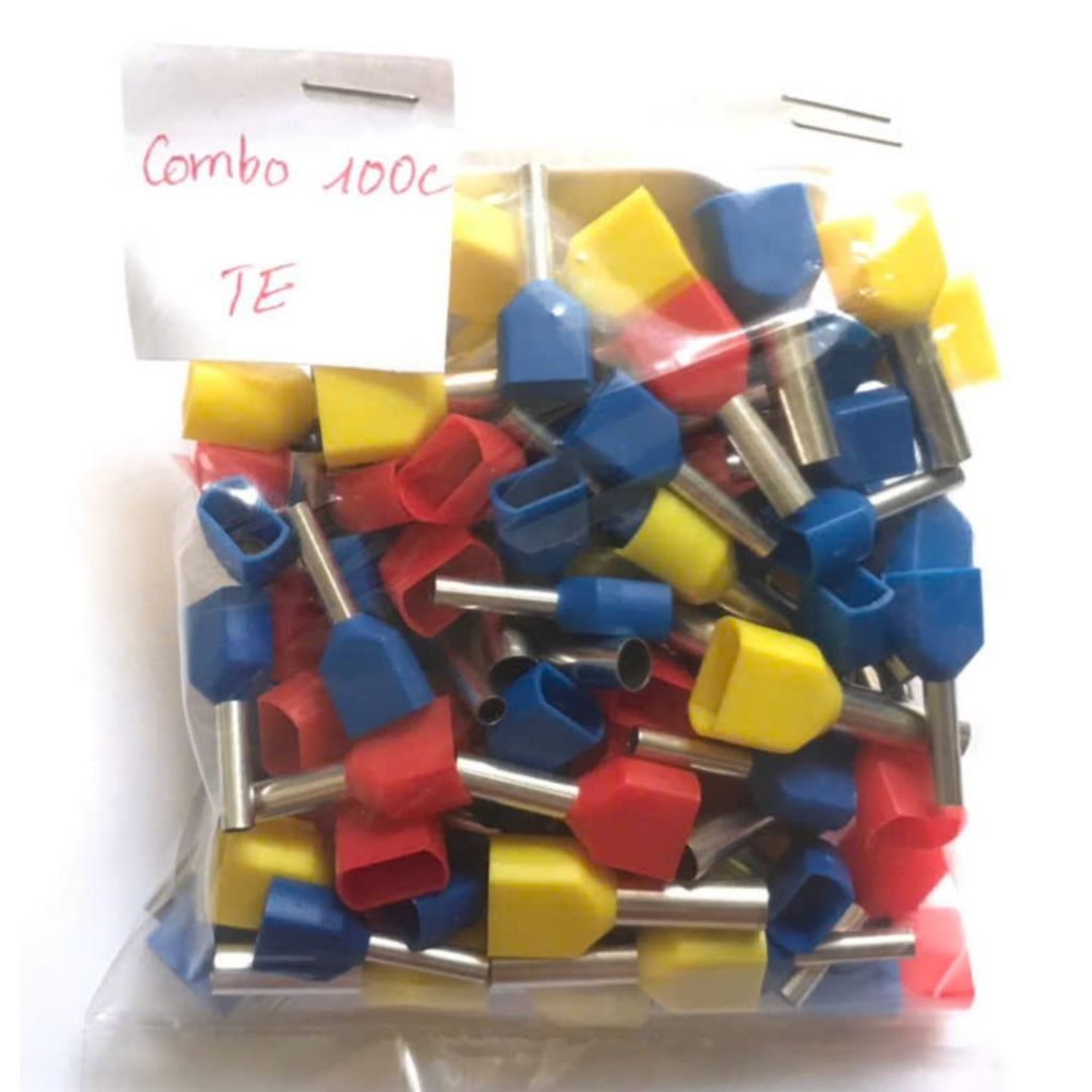 Bộ 100 cos kim đôi TE1510, TE2510, TE4012, đầu cos dây điện, cos pin đôi dùng cho dây 1.5, 1.5, 4.0m