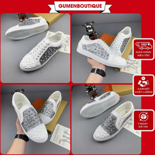 Giày Lười Philipp Plein Gắn Đinh Da Phủ Kim Tuyến Thân Phối Mũi Cao Su Nổi Khối - Giày Nam Đính Đá Cực Hót
