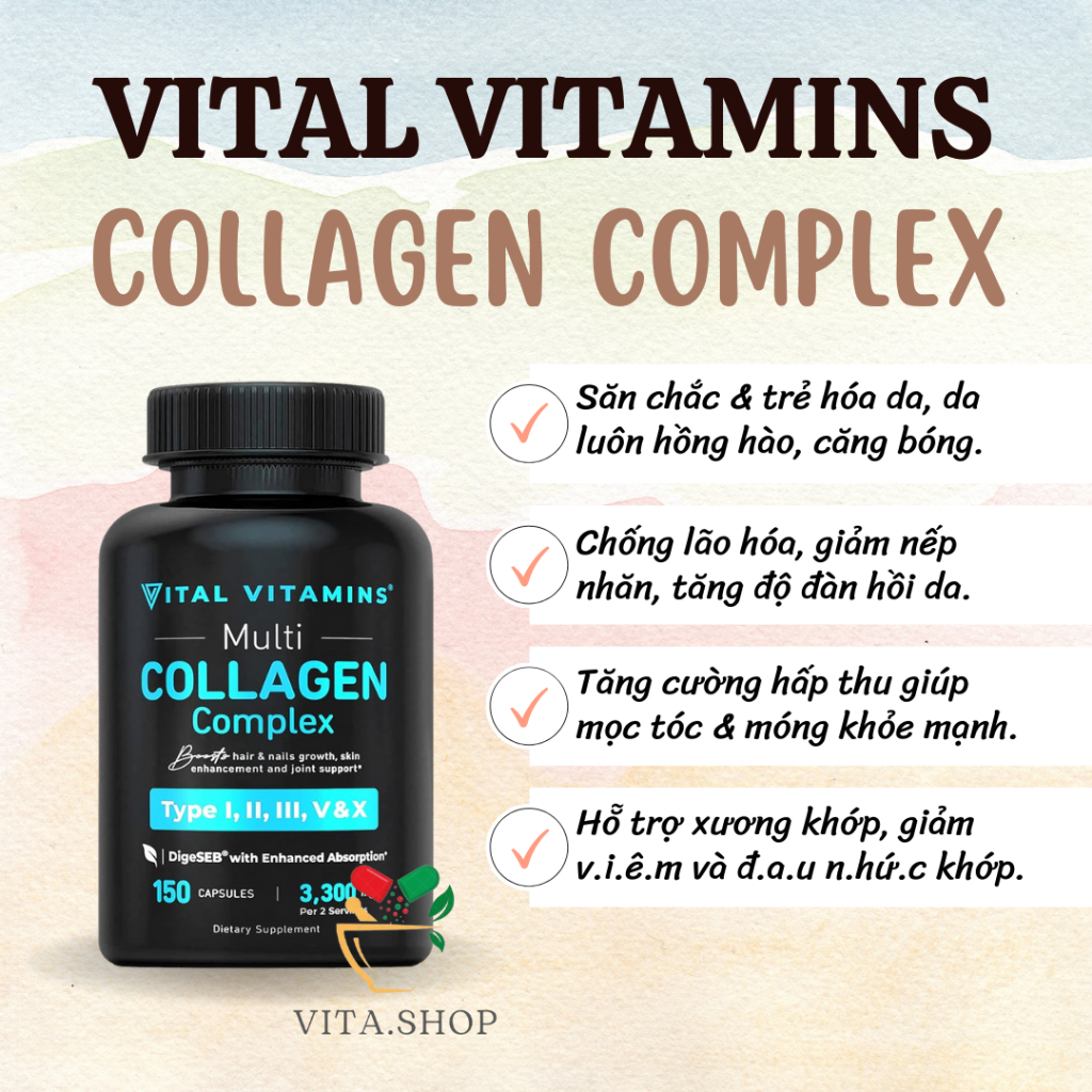 Viên Uống Bổ Sung Collagen Hỗ Trợ Đẹp Da, Móng & Tóc Vital Vitamins Multi Collagen 3,300mg 150 viên