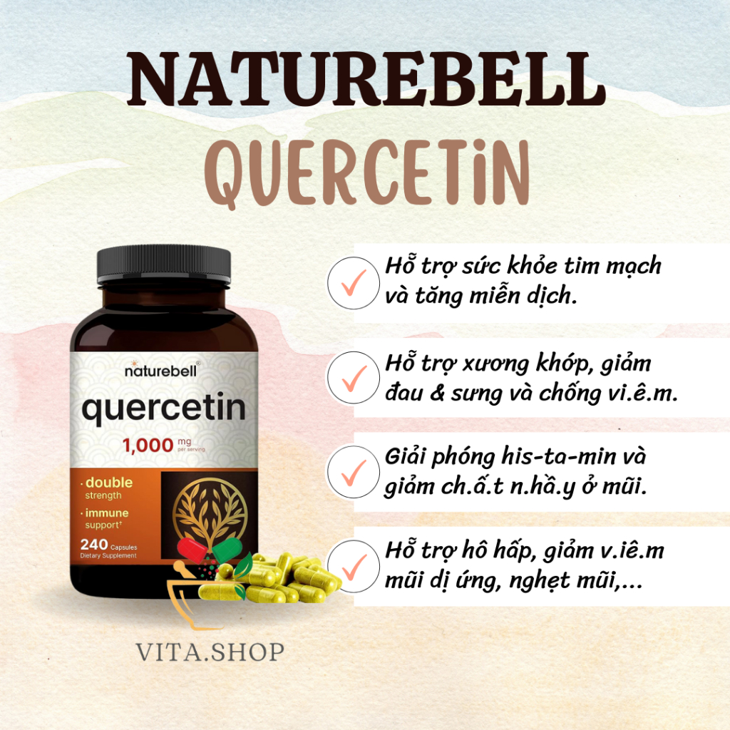 NatureBell Quercetin 1000mg - Viên uống chống oxy hóa, hỗ trợ tim mạch và hệ miễn dịch 240 viên