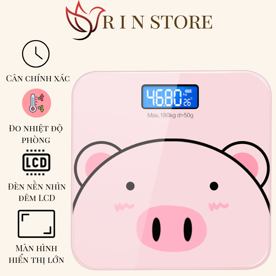 Cân Điện Tử Hình Con Heo Cân Sức Khỏe Mặt Kính Cường Lực Chịu Lực Lên Đến 180kg Tiện Lợi RIN