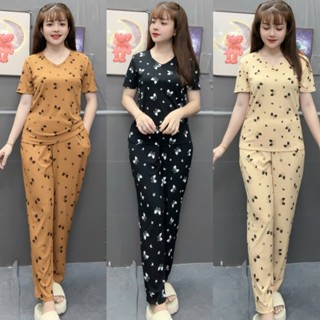 Set Đồ Bộ Quần Baggy Áo Cổ Tim Tay ngắn Dành cho Nữ Chất Liệu Thun Gân Lạnh Bigsize 45-75kg-HTNO47