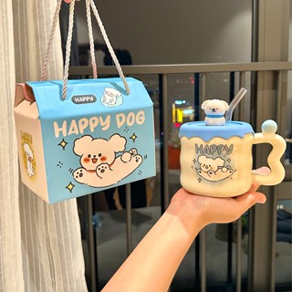 quà tặng Ly sứ uống nước hình con chó 400ml quà tặng cho bạn Tặng kèm ống hút thủy tinh - XBG