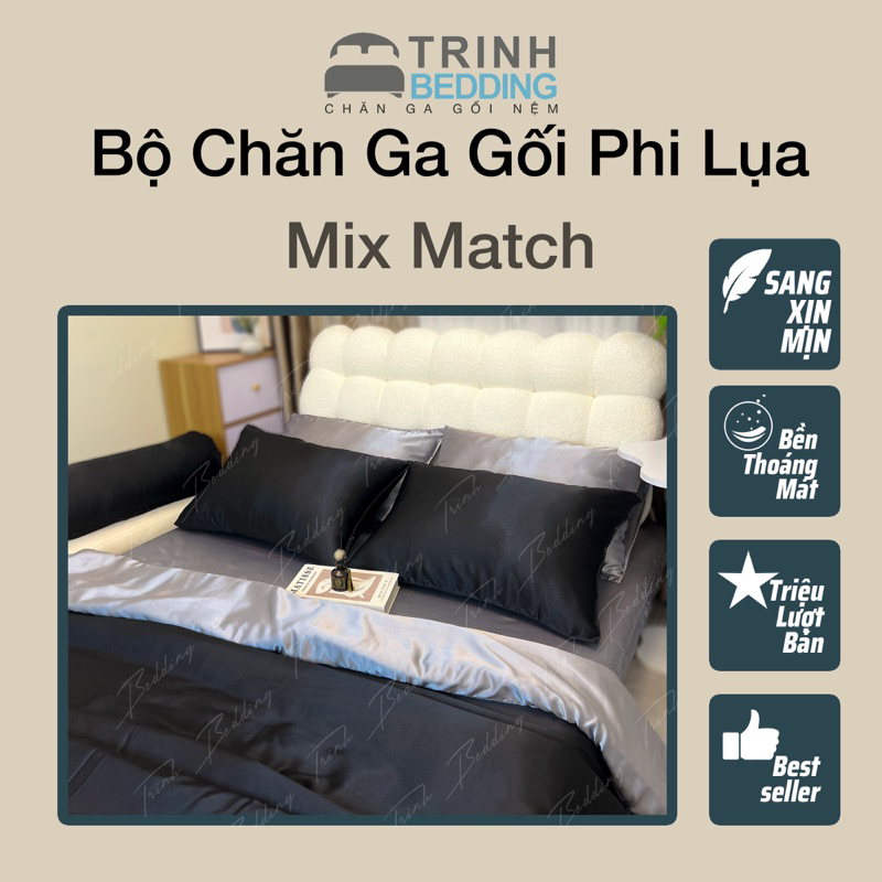 Bộ Chăn Ga Gối Phi Lụa Màu Mix Match (Xám bạc+ Đen)Trinhbedding