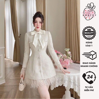 Đầm Dạ Dự Tiệc Dài Tay Cổ Nơ Tay Áo Đuôi Váy Đính Lông Vũ Sang Chảnh Hàng Loại 1