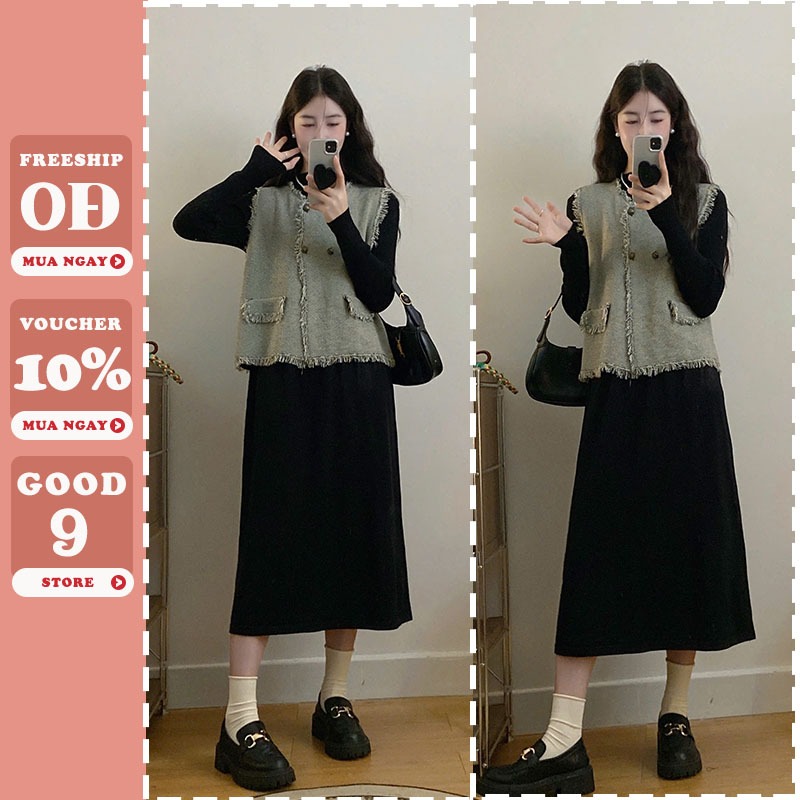 SET ĐẦM VÁY BẦU MÙA ĐÔNG GỒM ÁO GILE DẠ VÀ VÁY LEN QUẢNG CHÂU CAO CẤP DÁNG SUÔNG DÀI FREE SIZE X78