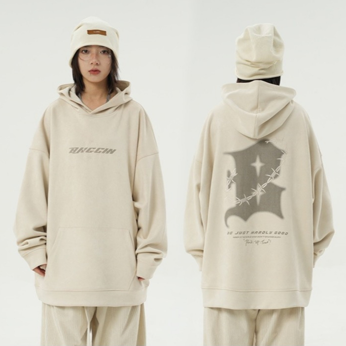 Áo hoodie chữ in thêu nỉ da lộn 360gsm form rộng tay phồng unisex