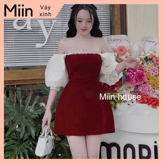 Váy nhung cúp xòe phối tay tơ nơ