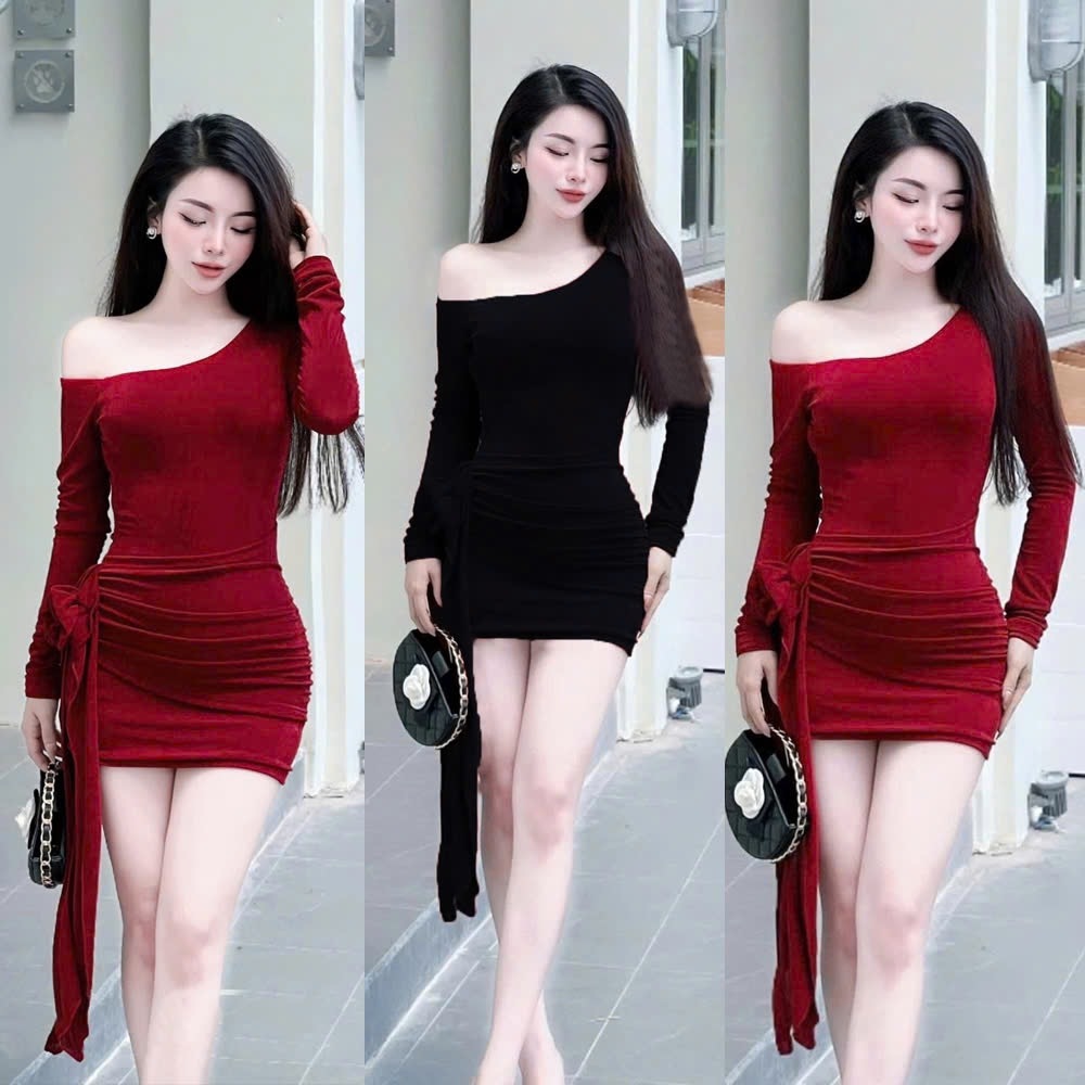 Đầm váy ôm body nữ tay dài lệch vai dáng ngắn đính bông phối tà tua rua thời trang
